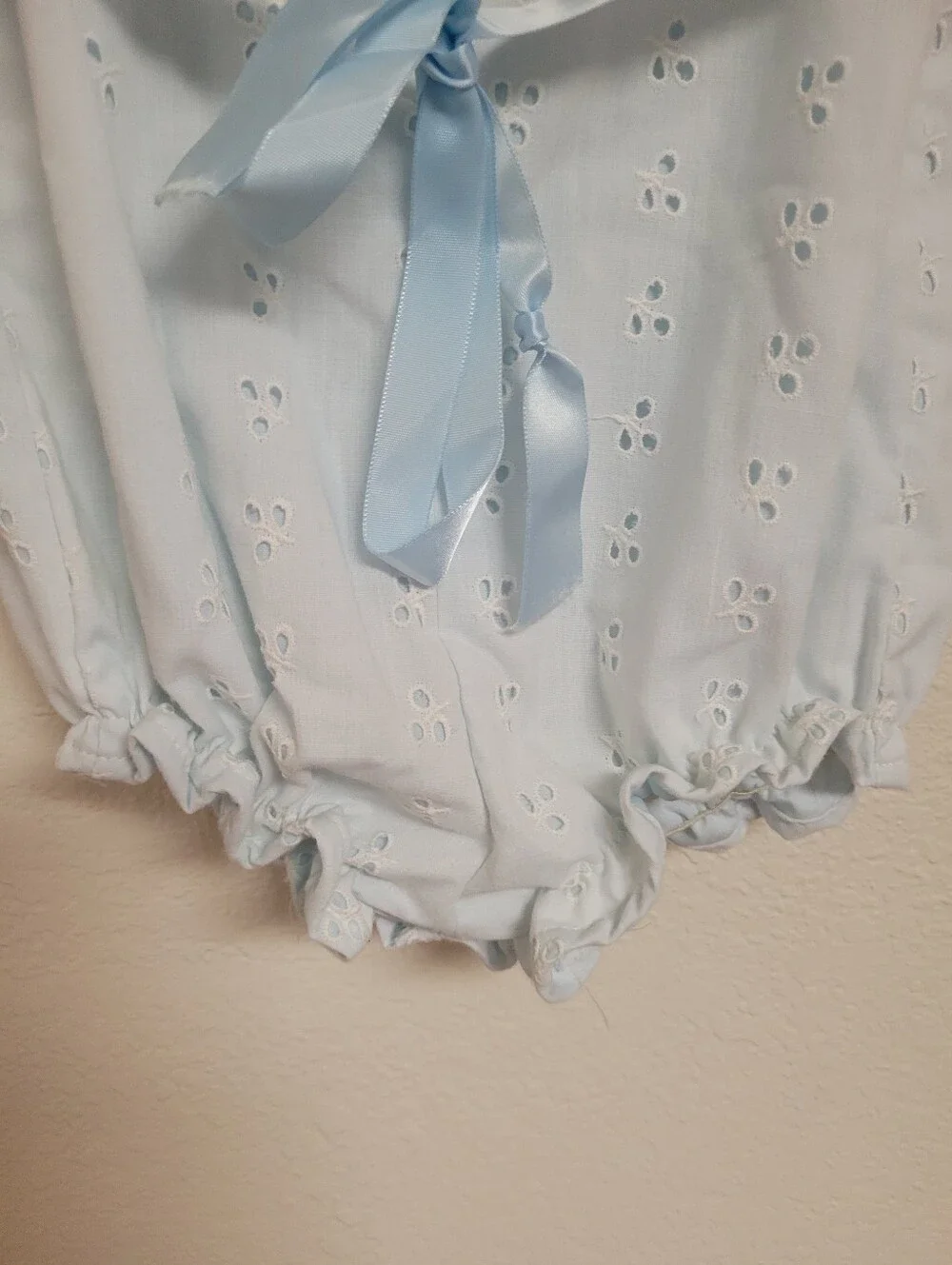 Lisa Jackson Blue Eyelet Bubble Romper with Satin Belt